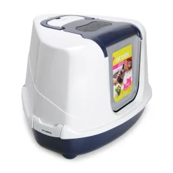 Blue litter box for corner