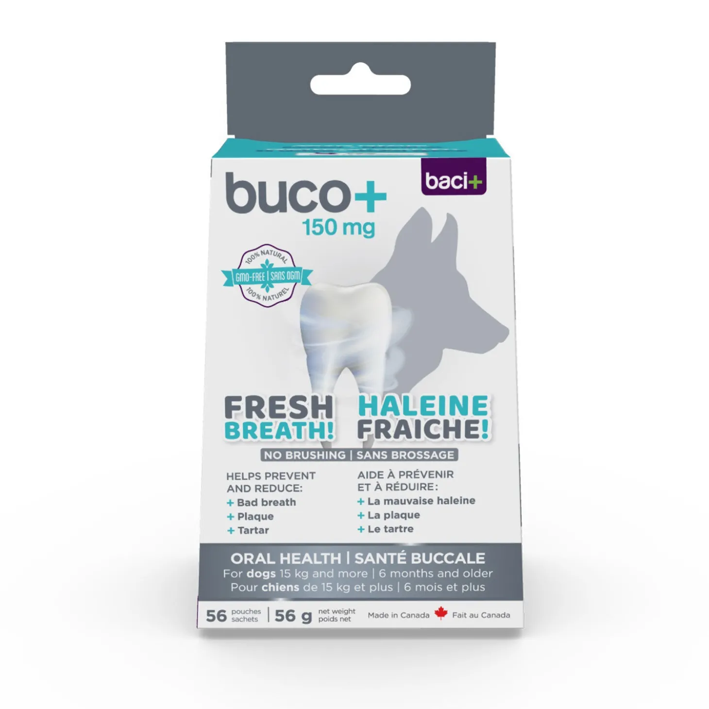 Buco+ Dental Care for Cats and Dogs of more than 15 kg, 56 pouches