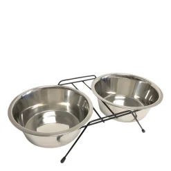 Double stainless steel bowls with rack