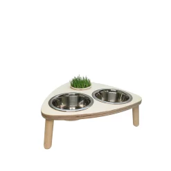 Double Steel Bowls with Wooden Stand and Option for Catgrass