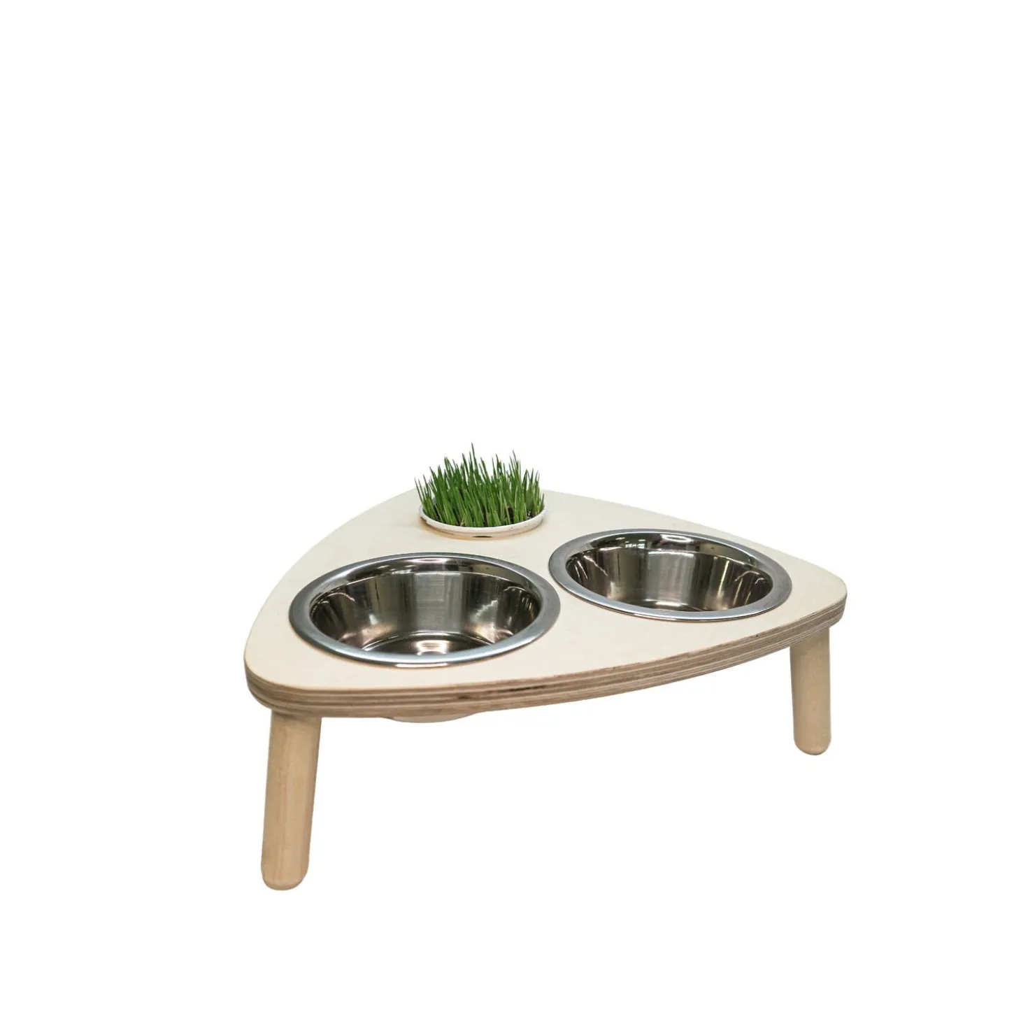 Double Steel Bowls with Wooden Stand and Option for Catgrass
