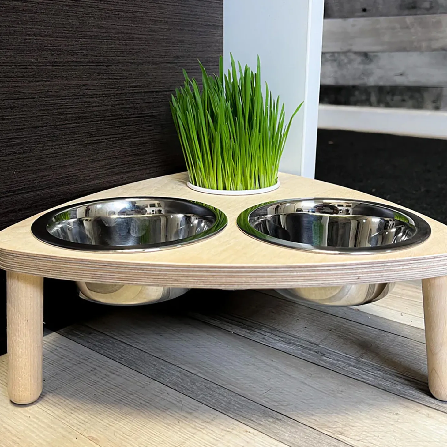 Double Steel Bowls with Wooden Stand and Option for Catgrass