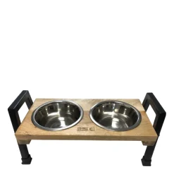 Mango wood and metal double bowl diner