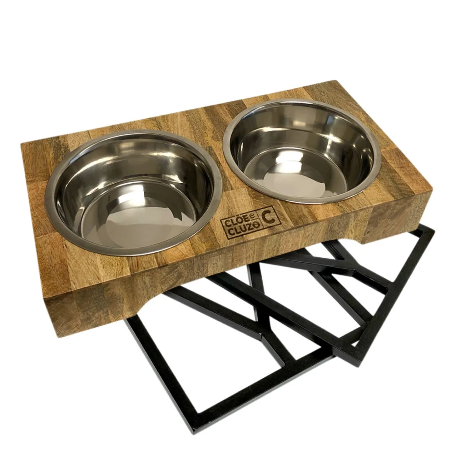 Mango wood double bowl diner with adjustable metal rack