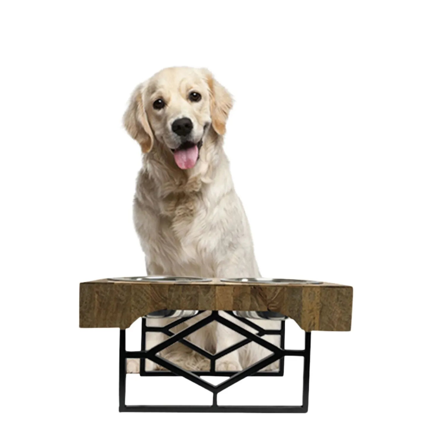 Mango wood double bowl diner with adjustable metal rack