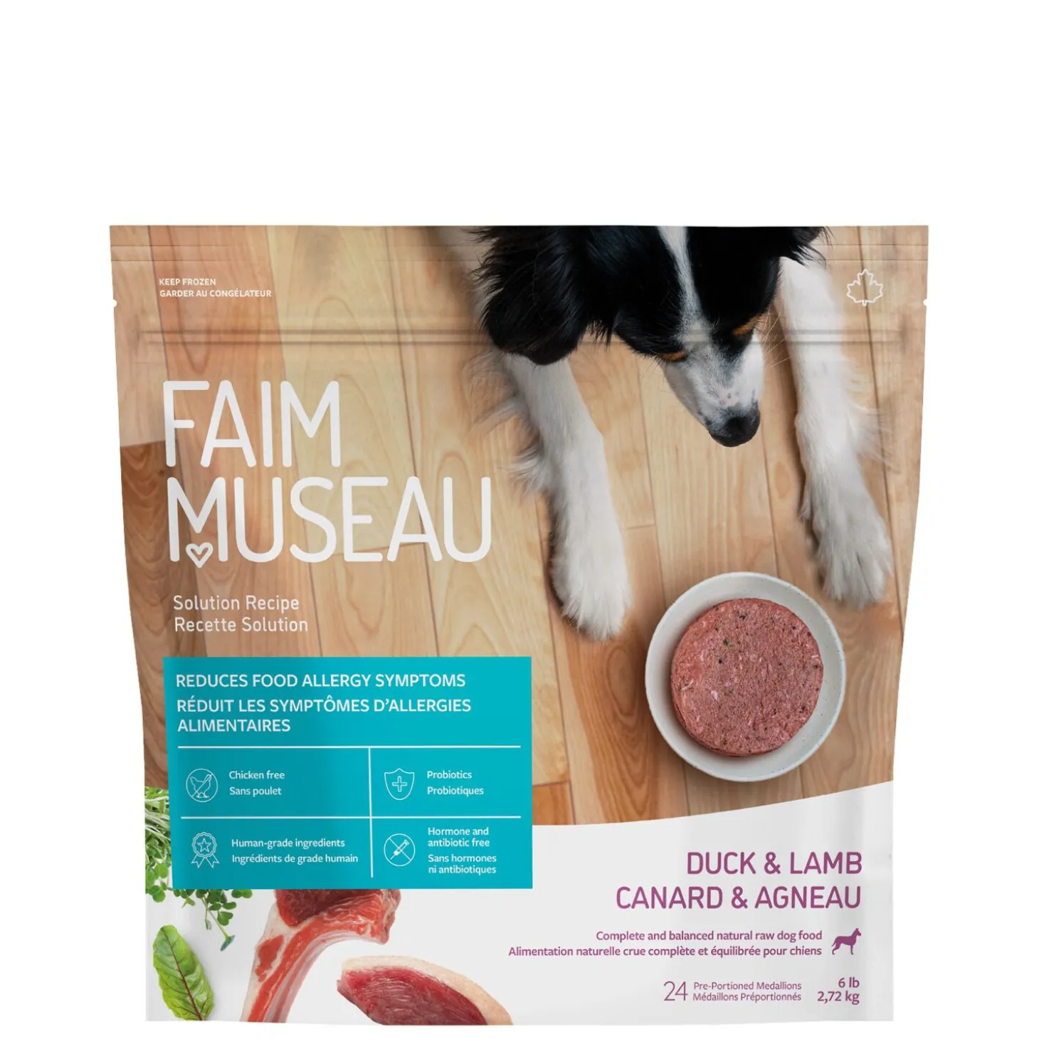 Raw dog food, duck and lamb