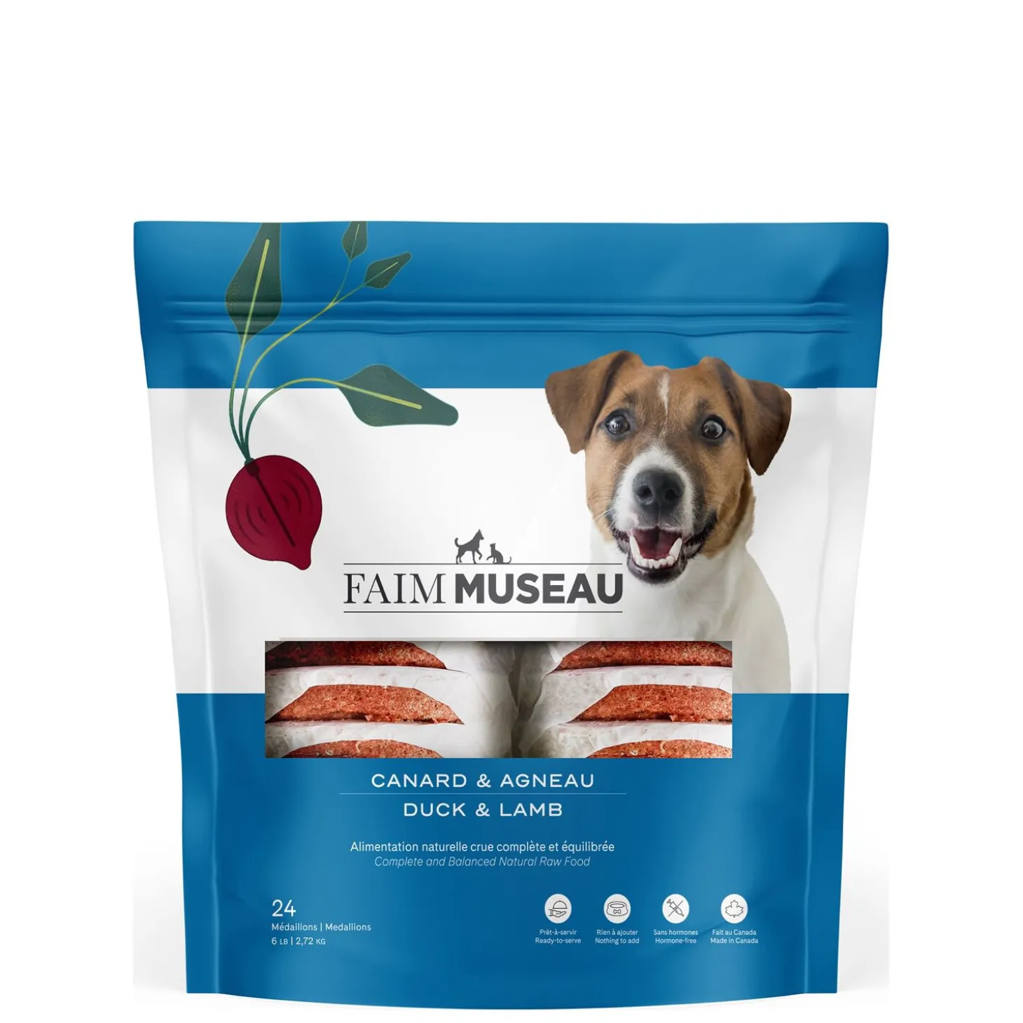 Raw dog food, duck and lamb