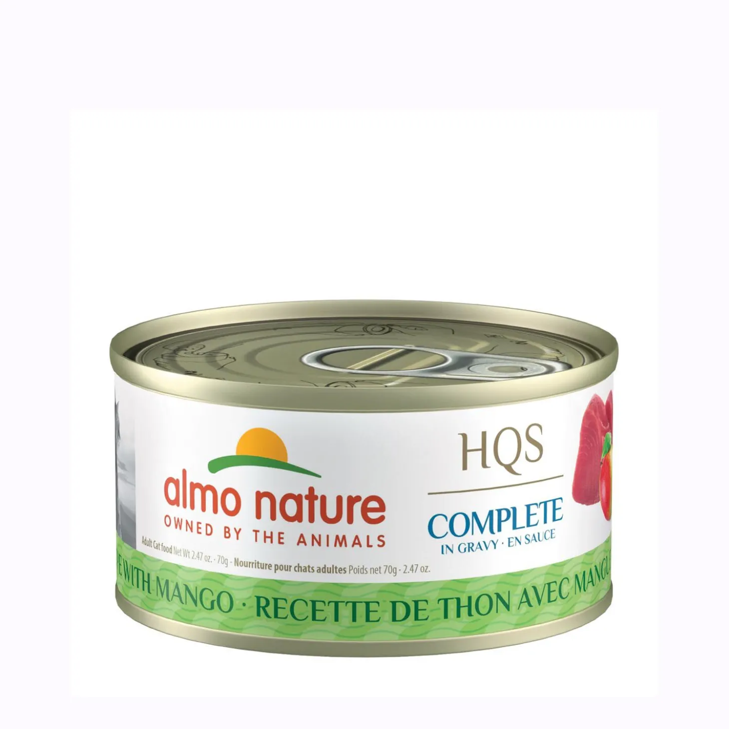 Wet cat food, tuna with mango in gravy