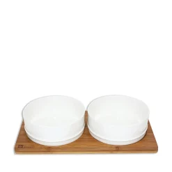 White Ceramic Bowls with Bamboo Base